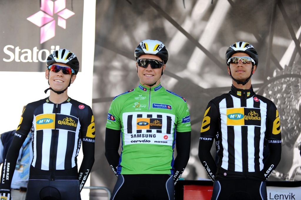 Edvald Boasson Hagen in the green sprinters jersey is presented to the crowd with his MTN-Qhubeka teammates