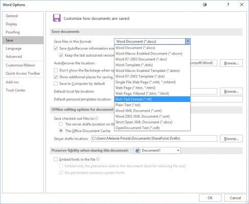 word options format