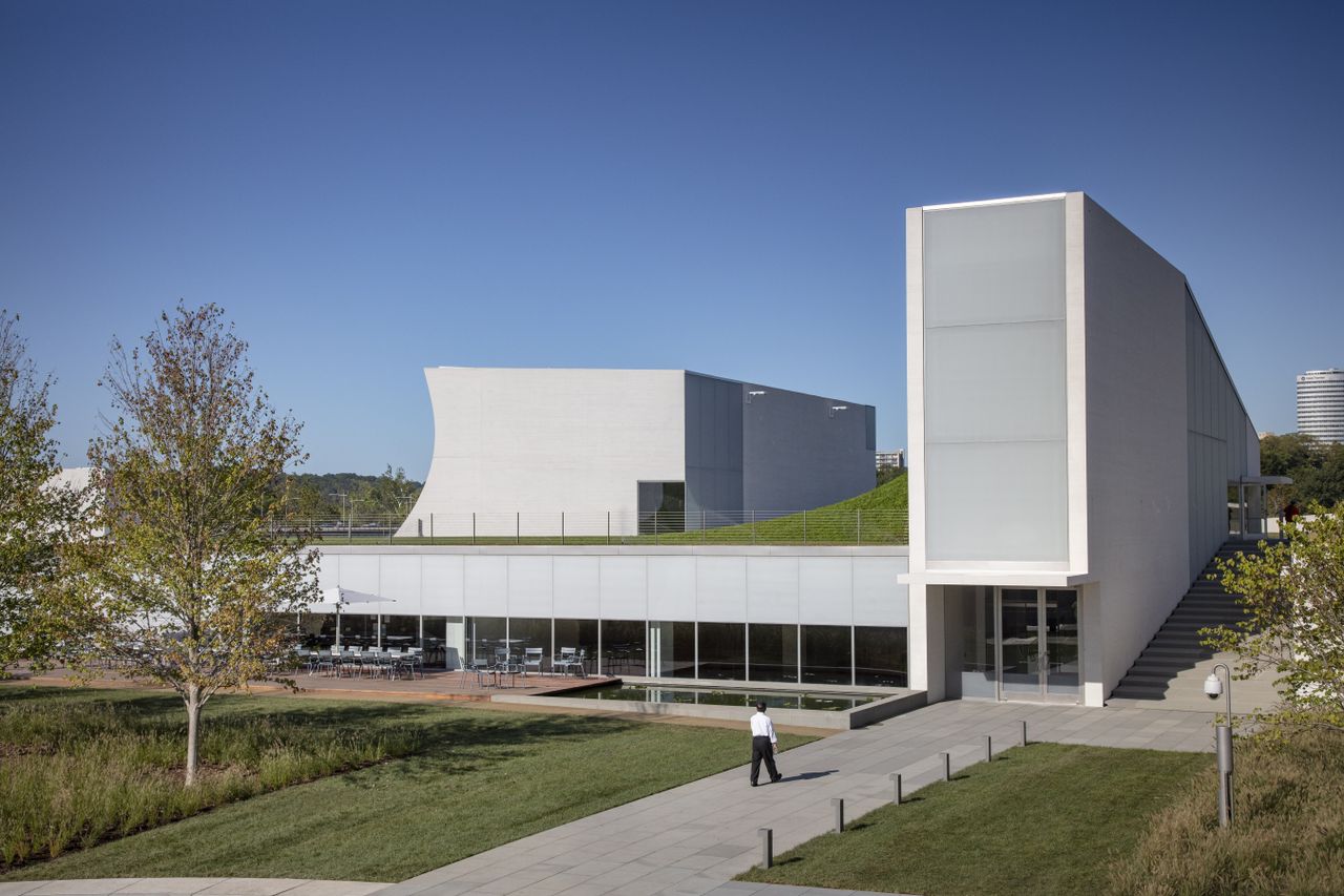 Grey building with outdoor seating