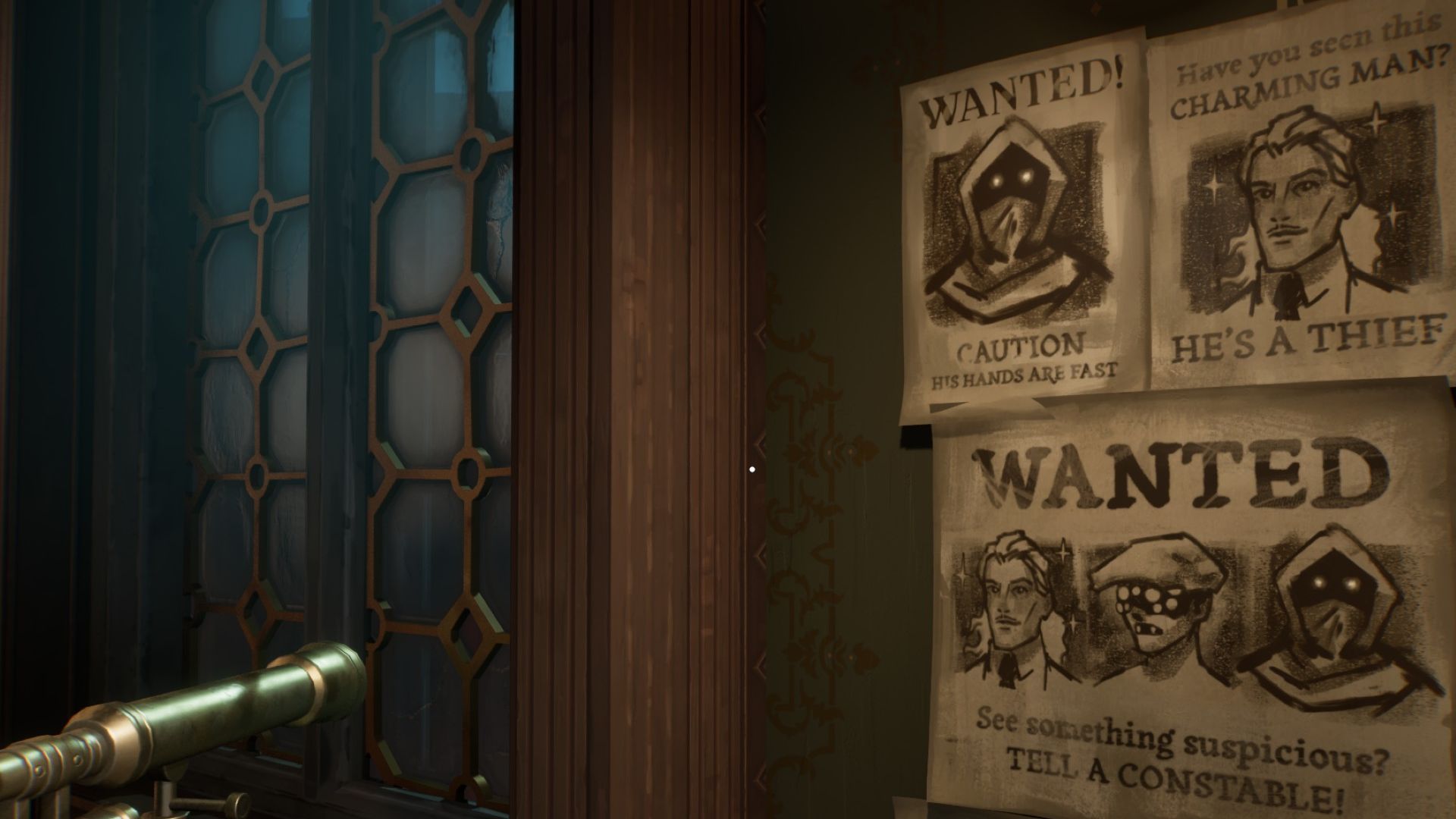 A wall of wanted posters next to a telescope