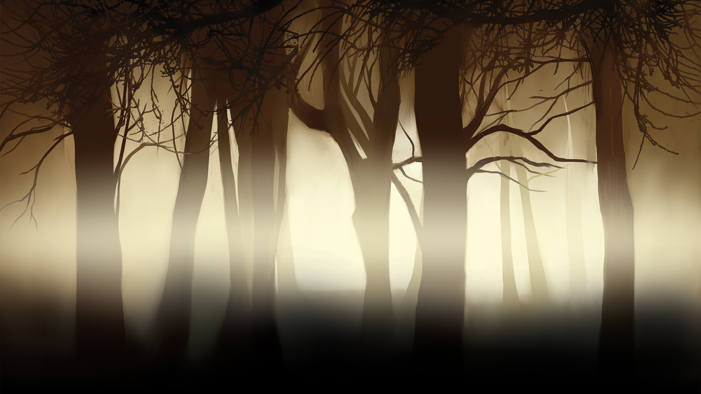 Silhouetted trees rise against a hazy, dimly-lit backdrop, creating a mysterious and eerie forest atmosphere