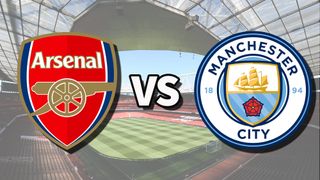 The Arsenal and Manchester City club badges on top of a photo of Emirates Stadium in London, England