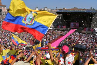 The Ecuadoran flag flies high during the final Giro d'Italia podium in Verona