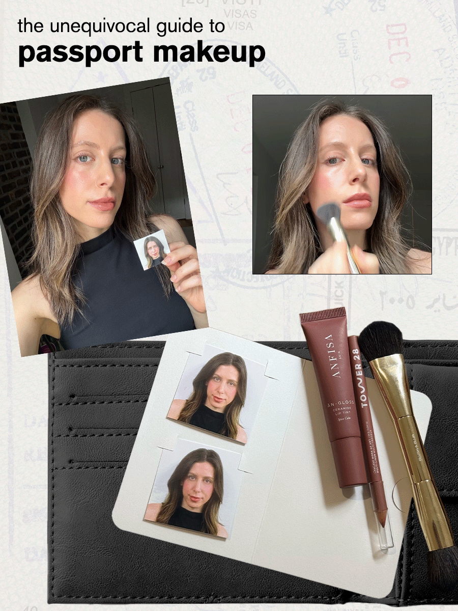 Collage of selfies of WWW editor Jamie Schneider, a wallet, and makeup products.