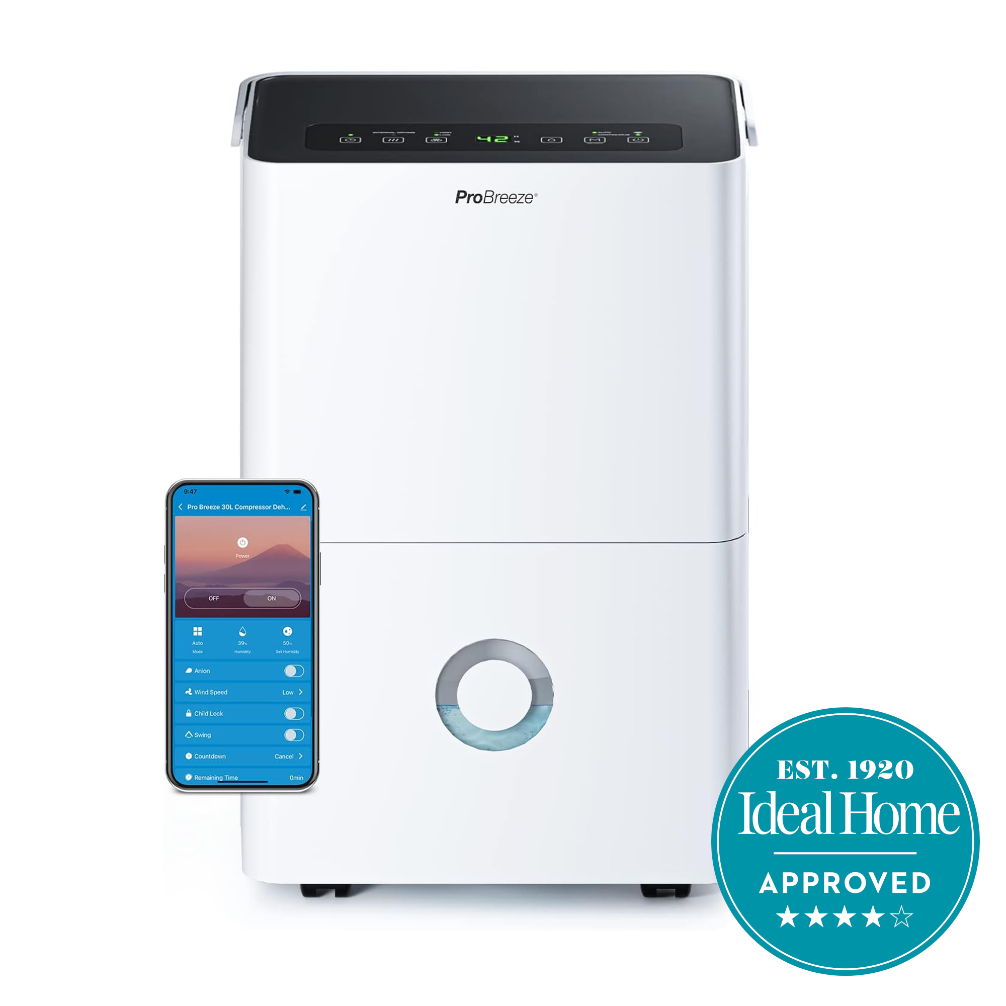 probreeze 20L Day dehumidifier with laundry mode on a white background with ideal home approved badge