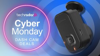 A dash cam against a Techradar Cyber Monday deals background
