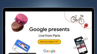 A laptop screen showing the screensaver for Google&#039;s Live from Paris event