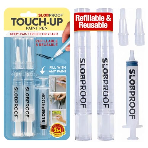 Slobproof Refillable Touch-Up Paint Pen, Pack of 2 -Mess Free Touch Up Tool to Quickly Retouch Small Areas -Precision Brush Tip With Controlled Flow, Paint Syringe Included for Custom Color Filling