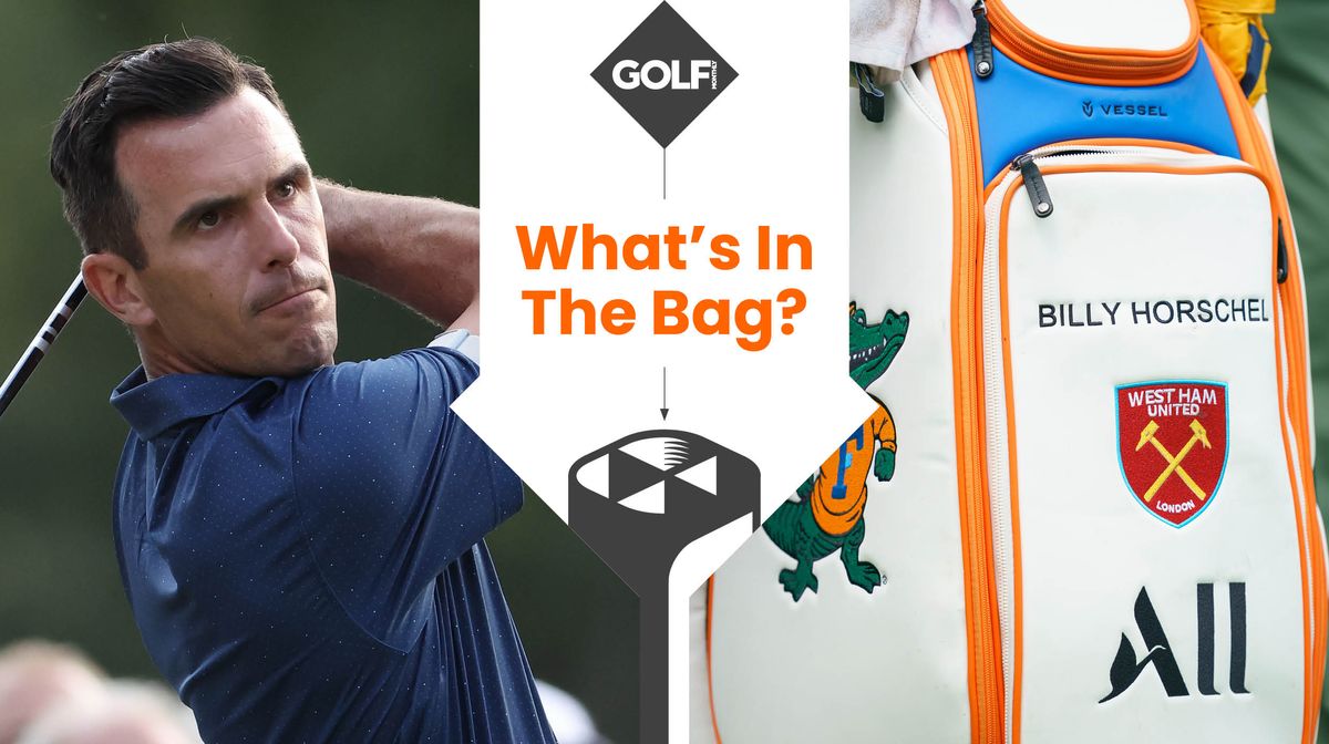 Billy Horschel's Florida Gator golf bag next to the 18th hole