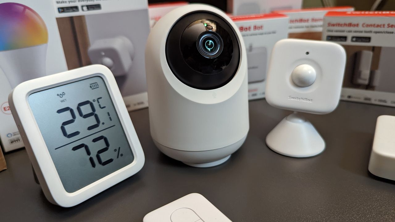 SwitchBot smart home products on a table