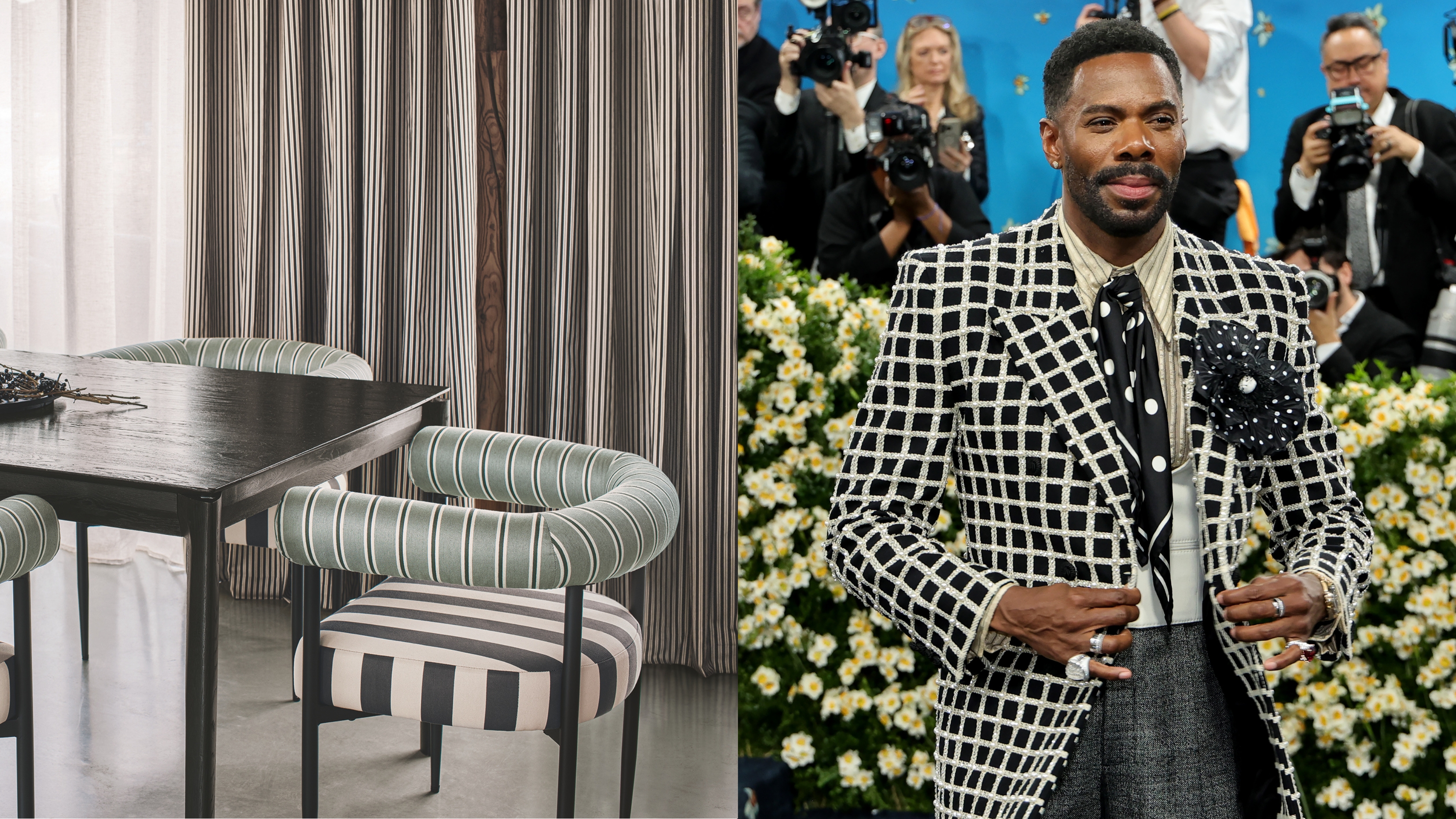 striped dining chairs in a dining room, colman domingo at the 2025 met gala in a checkered suit jacket