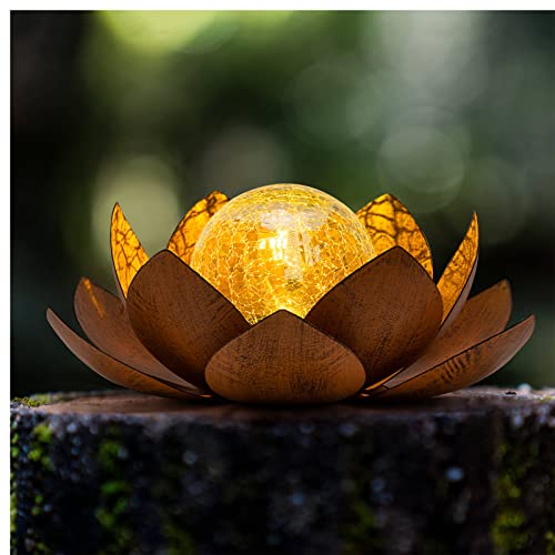 Huaxu Solar Lights Outdoor Decor Metal Lotus Flower Led Waterproof Glass Decorative Gifts for Garden Lover Women Mom Table Pathway Lawn Patio Yard Ground