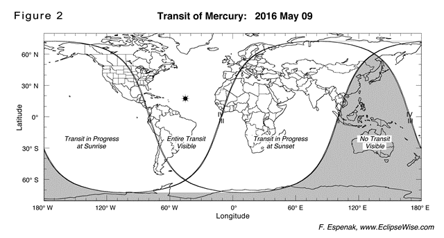 This map shows regions of the Earth where the 2016 Mercury transit will be visible. The transit will be visible in full or in part throughout most of the Earth, with the exception of eastern Asia, Australia and Antarctica.