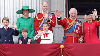 King Charles III and Queen Camilla wave alongside Prince William, Prince of Wales, Prince Louis of Wales, Catherine, Princess of Wales and Prince George of Wales on the Buckingham Palace balcony during Trooping the Colour on June 17, 2023 in London, England.