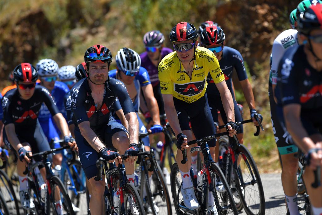 TAVIRA PORTUGAL MAY 07 Leonardo Basso of Italy Ethan Hayter of United Kingdom and Team INEOS Grenadiers Yellow Leader Jersey during the 47th Volta Ao Algarve 2021 Stage 3 a 2031km stage from Faro to Tavira VoltAlgarve VAlgarve2021 on May 07 2021 in Tavira Portugal Photo by Luc ClaessenGetty Images