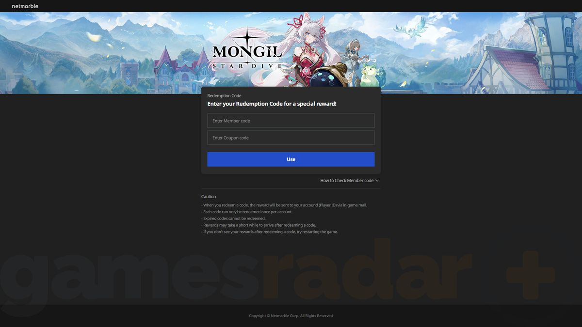 Redeeming Mongil Star Dive codes via the website
