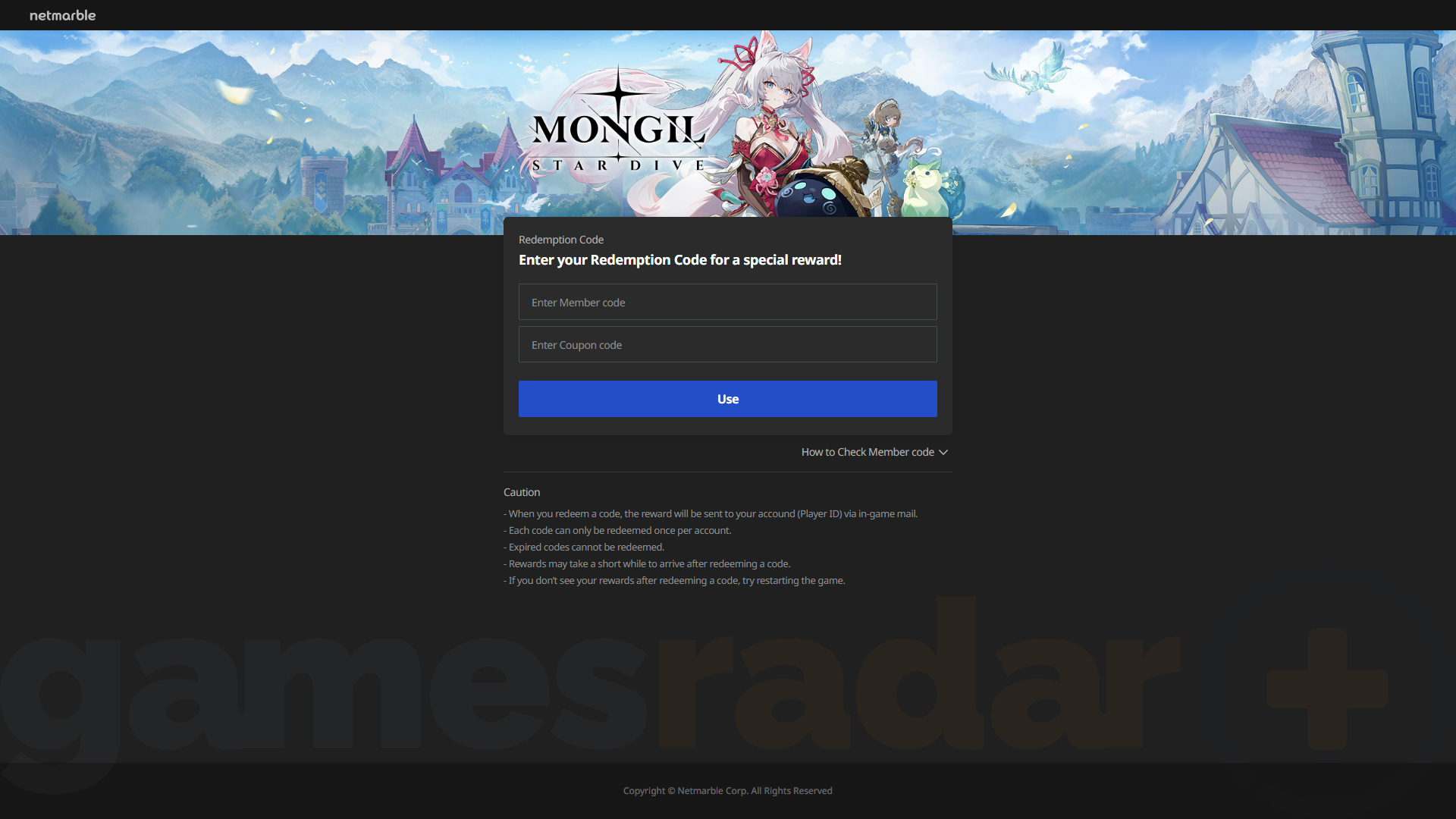 Redeeming Mongil Star Dive codes via the website