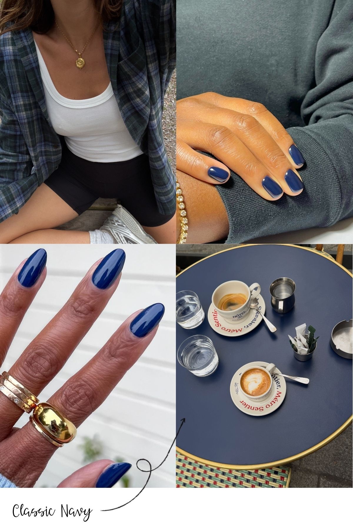 A collage of a navy check shirt, two navy manicures and a navy coffee table
