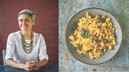 Chetna Makan profile pictured next to her 5-ingredient salad