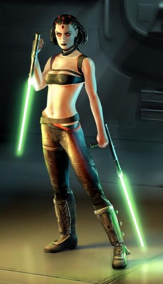 Maris Brood, a female Zabrak Force user who carries twin tonfa-style lightsabers.