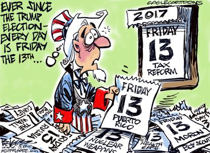 Political cartoon U.S. Friday the 13th Trump
