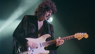 English guitarist and musician Ritchie Blackmore, former guitarist with Deep Purple, performs live on stage with Ritchie Blackmore's Rainbow at the Hammersmith Apollo Theatre in London during his The Stranger In Us All tour in November 1995. 
