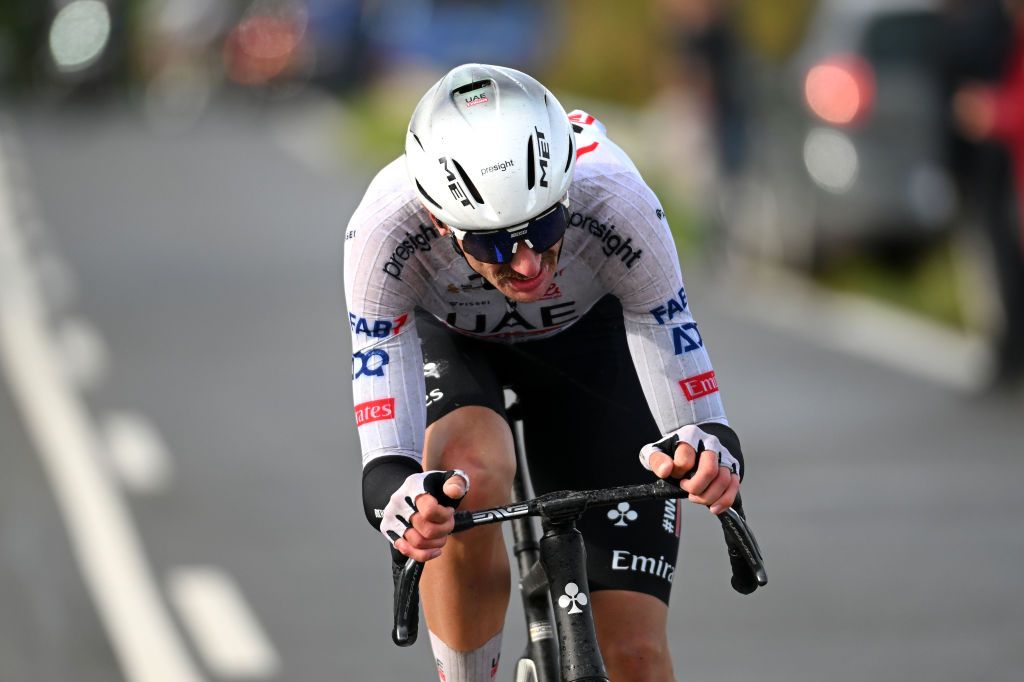 ESTELLALIZARRA SPAIN MARCH 30 Brandon Mcnulty of The United States and UAE Team Emirates attacks in the breakaway during the 33rd Gran Premio Miguel Indurain 2024 a 1981km one day race from EstellaLizarra to EstellaLizarra on March 30 2024 in EstellaLizarra Spain Photo by Tim de WaeleGetty Images