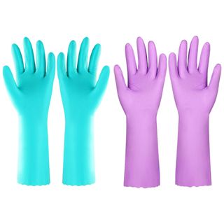 Two pairs of blue and purple rubber gloves