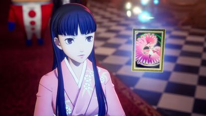 Persona 4 Revival screenshot of Yukiko looking at floating tarot card