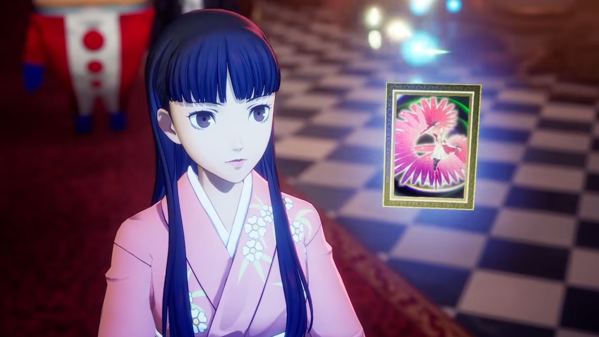 Persona 4 Revival screenshot of Yukiko looking at floating tarot card