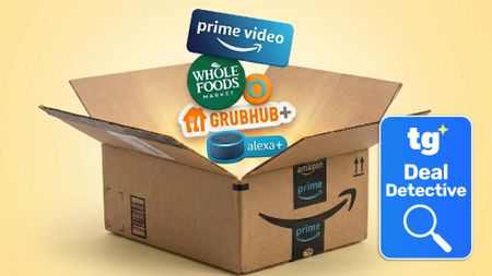 Logos showing Prime perks going into an Amazon box with a Deal Detective badge