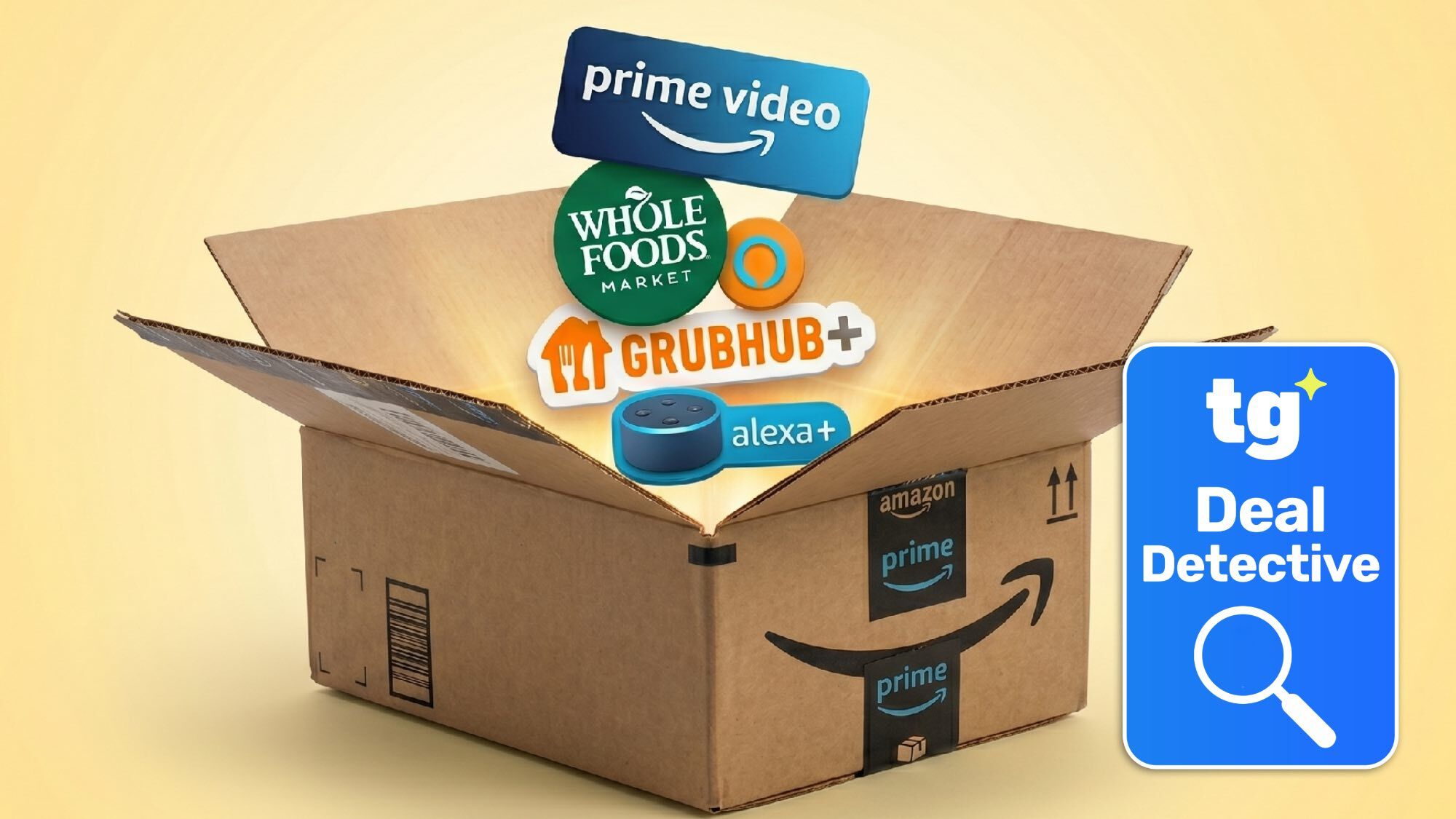 Logos showing Prime perks going into an Amazon box with a Deal Detective badge