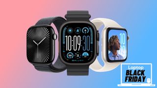 Three Apple Watches on a pink to blue gradient background with the Laptop Mag Black Friday deal badge in the bottom right corner