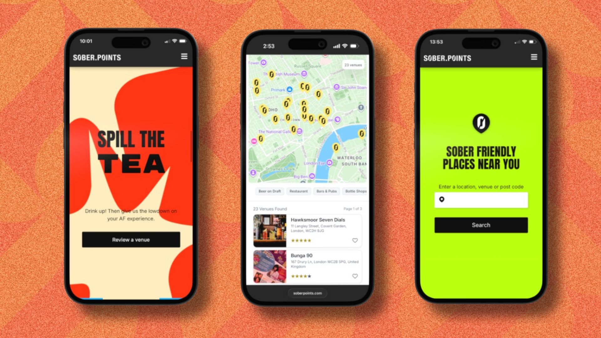 an image of three screengrabs of the map's different functions on three phone screens