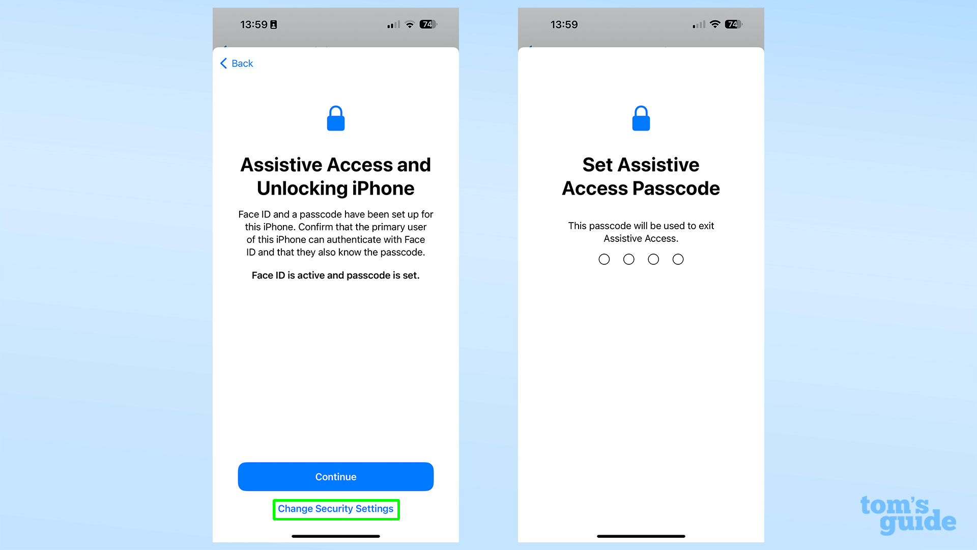 Снимки экрана, показывающие настройку PIN-кода для вспомогательного доступа в iOS 17.