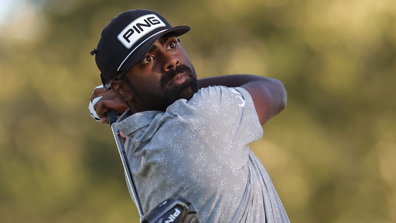 Sahith Theegala takes a shot during the 2022 Sanderson Farms Championship