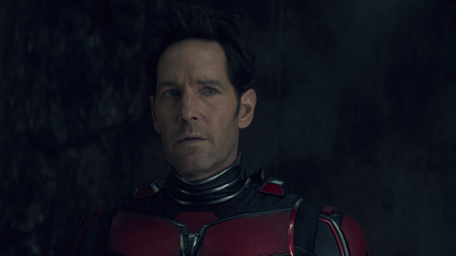 Scott Lang stares at an off-camera Kang in Ant-Man and the Wasp: Quantumania