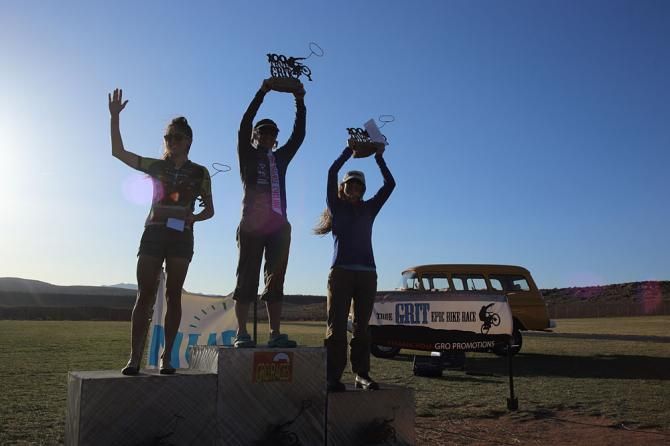 Cheryl Sornson atop the elite women's podium at the True Grit 100