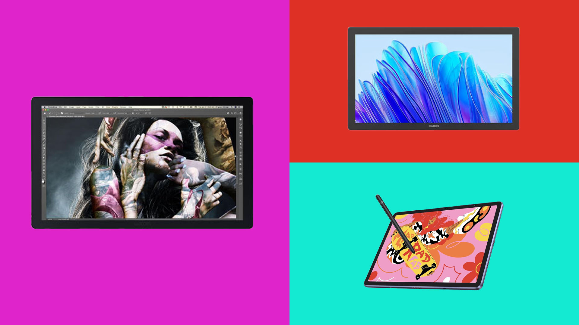 Black Friday drawing tablets; three square, black pen displays on a colourful background