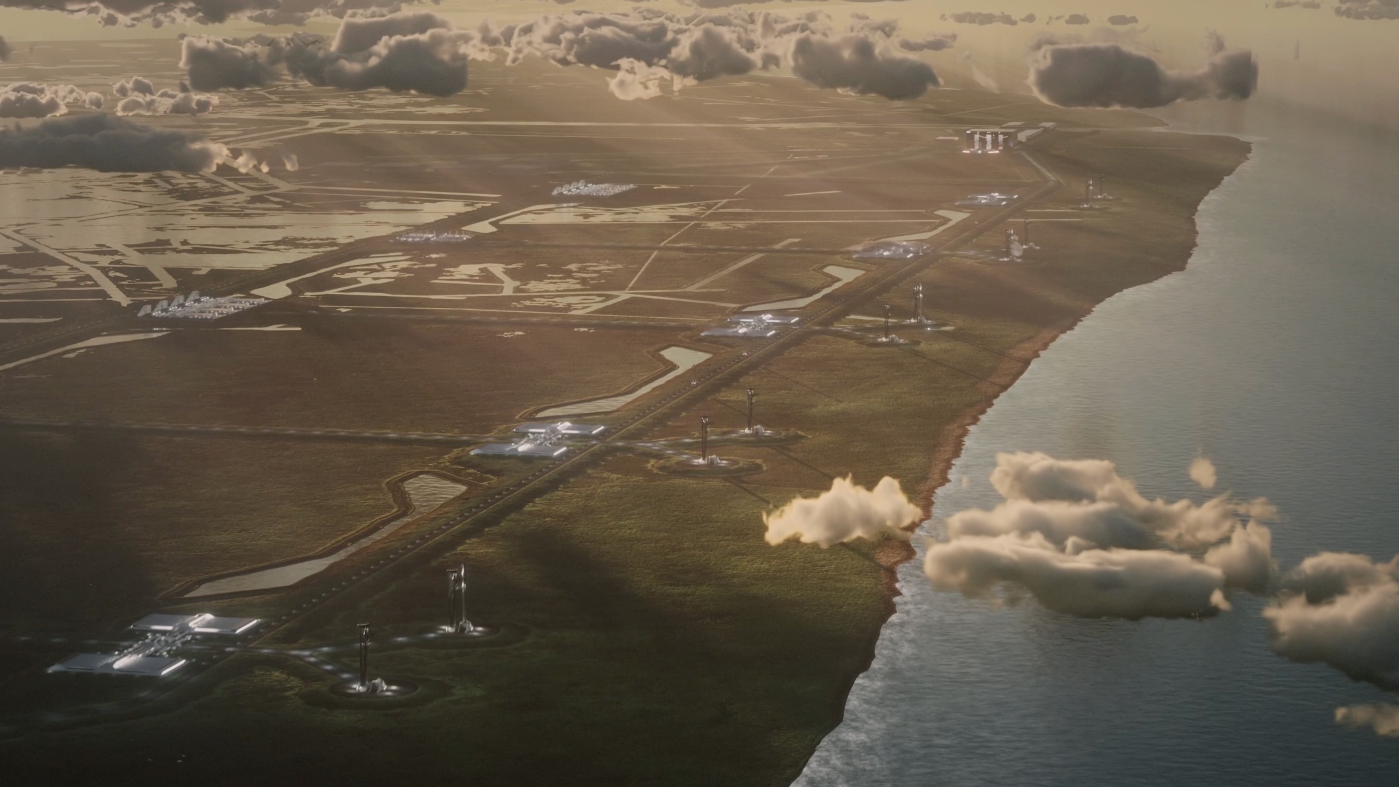 Ilustração do site Starbase Louisiana planejado da SpaceX, que, segundo a empresa, apoiará milhares de lançamentos de naves estelares por ano.