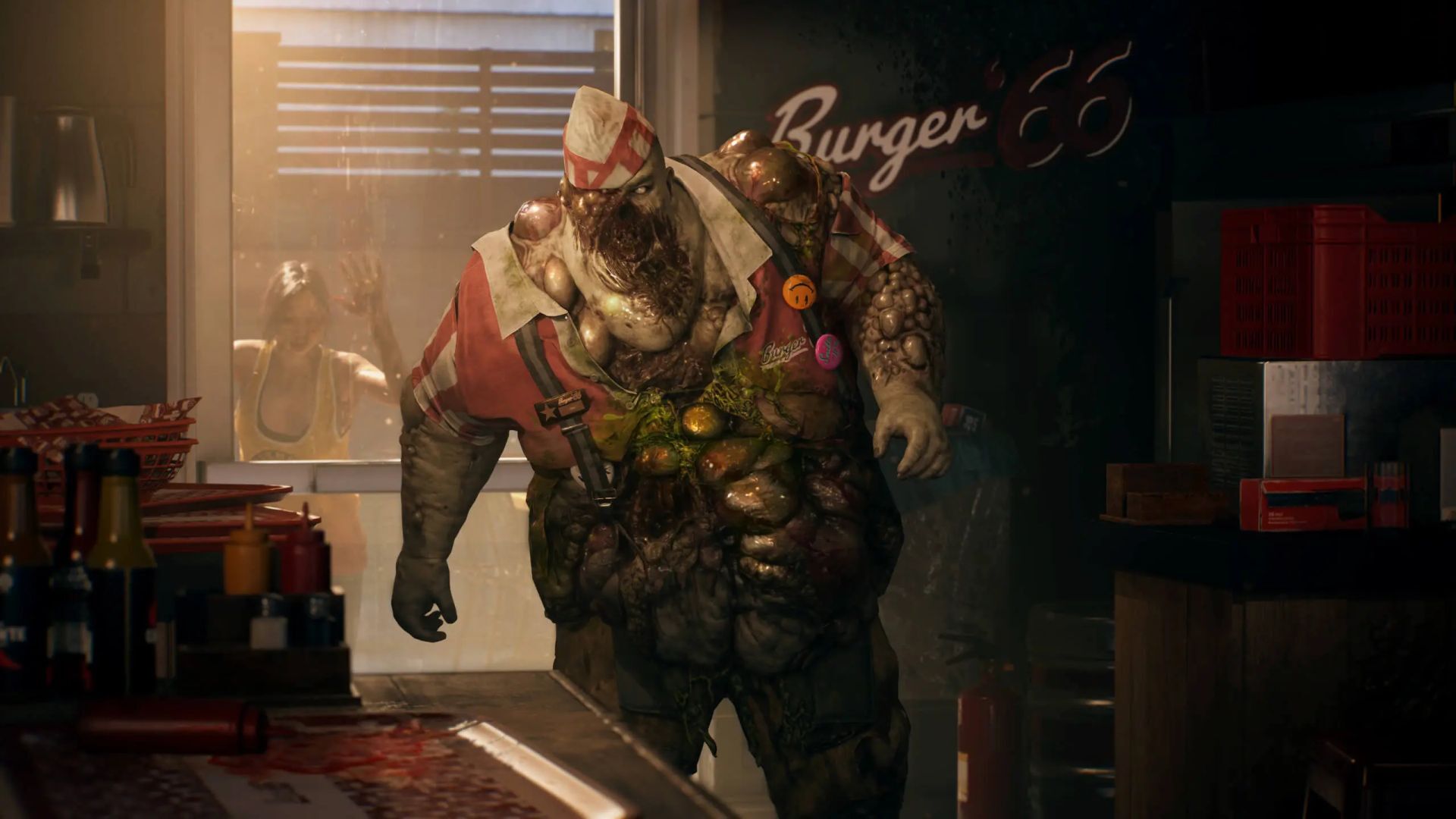 A swollen zombies stands in an abandoned burger joint.