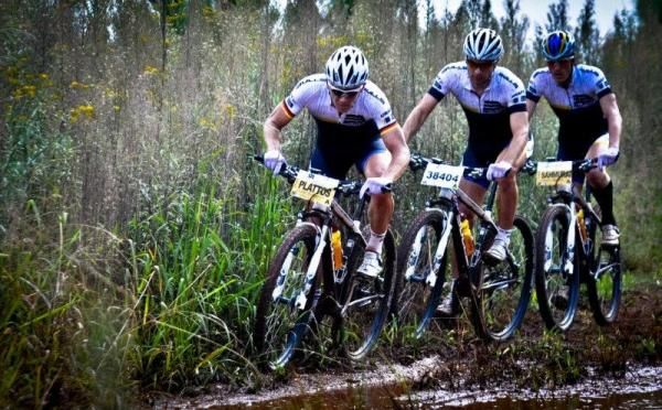 Karl Platt leads his teammates through a muddy section