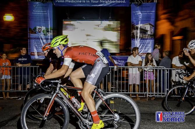 Thomas Brown (Astellas Cycling) racing at the USA CRITS Iron Hill Twilight Criterium on Saturday night