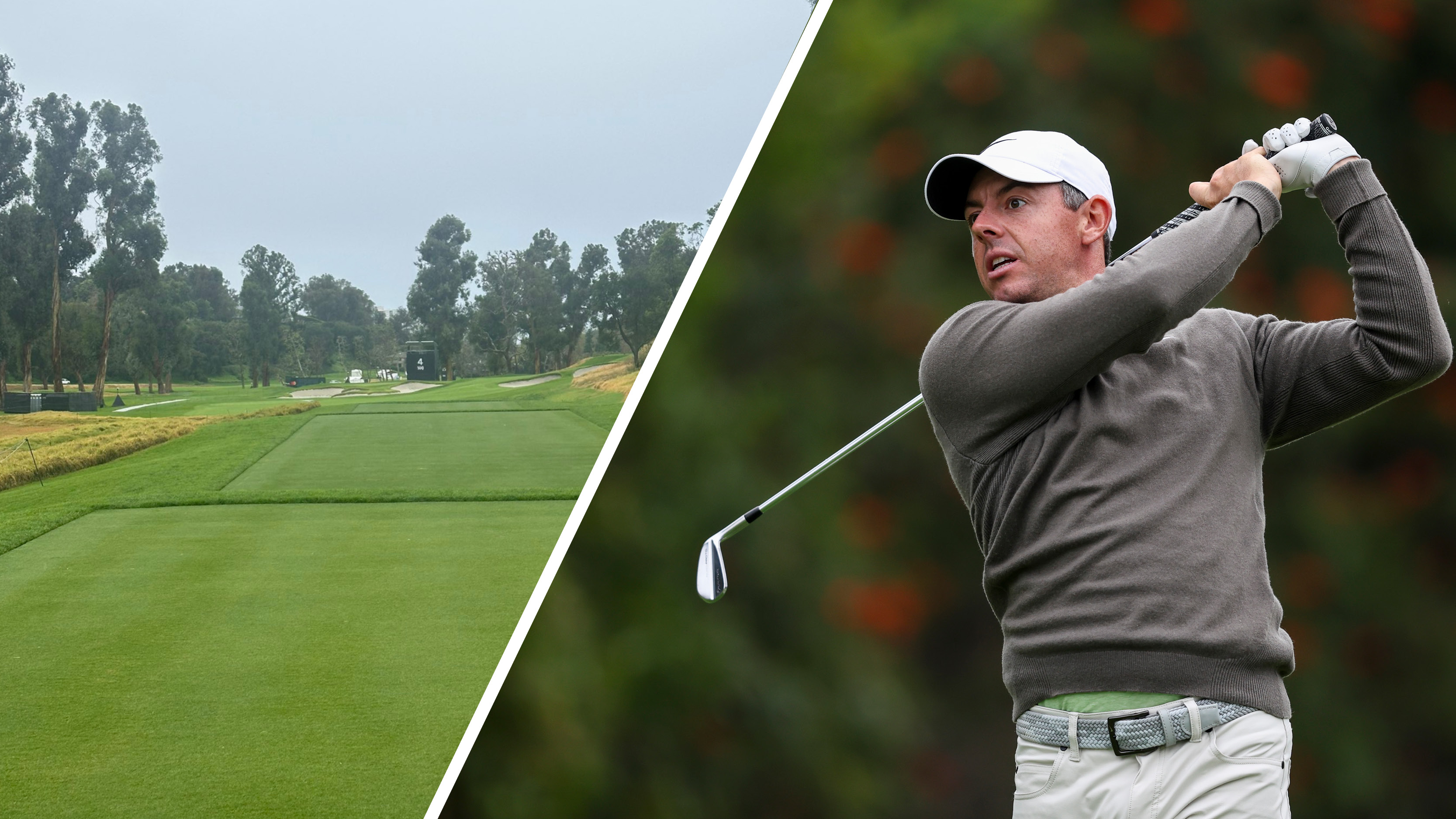 (left) A general view down the 273-yard par-3 fourth hole at Riviera Country Club ahead of the 2026 Genesis Invitational and (right) Rory McIlroy hitting an iron shot at the fourth in 2024
