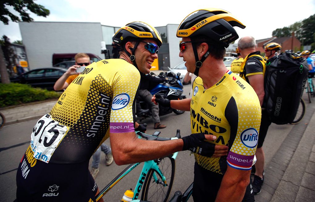 Dylan Groenewegen gets congratulations after wining stage 1 at the ZLM Tour