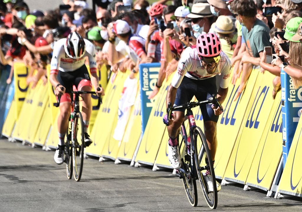 Team Education First rider Colombias Daniel Martinez R sprints during the fifth stage of the 72nd edition of the Criterium du Dauphine cycling race 153 km between Megeve and Megeve on August 16 2020 Photo by AnneChristine POUJOULAT AFP Photo by ANNECHRISTINE POUJOULATAFP via Getty Images