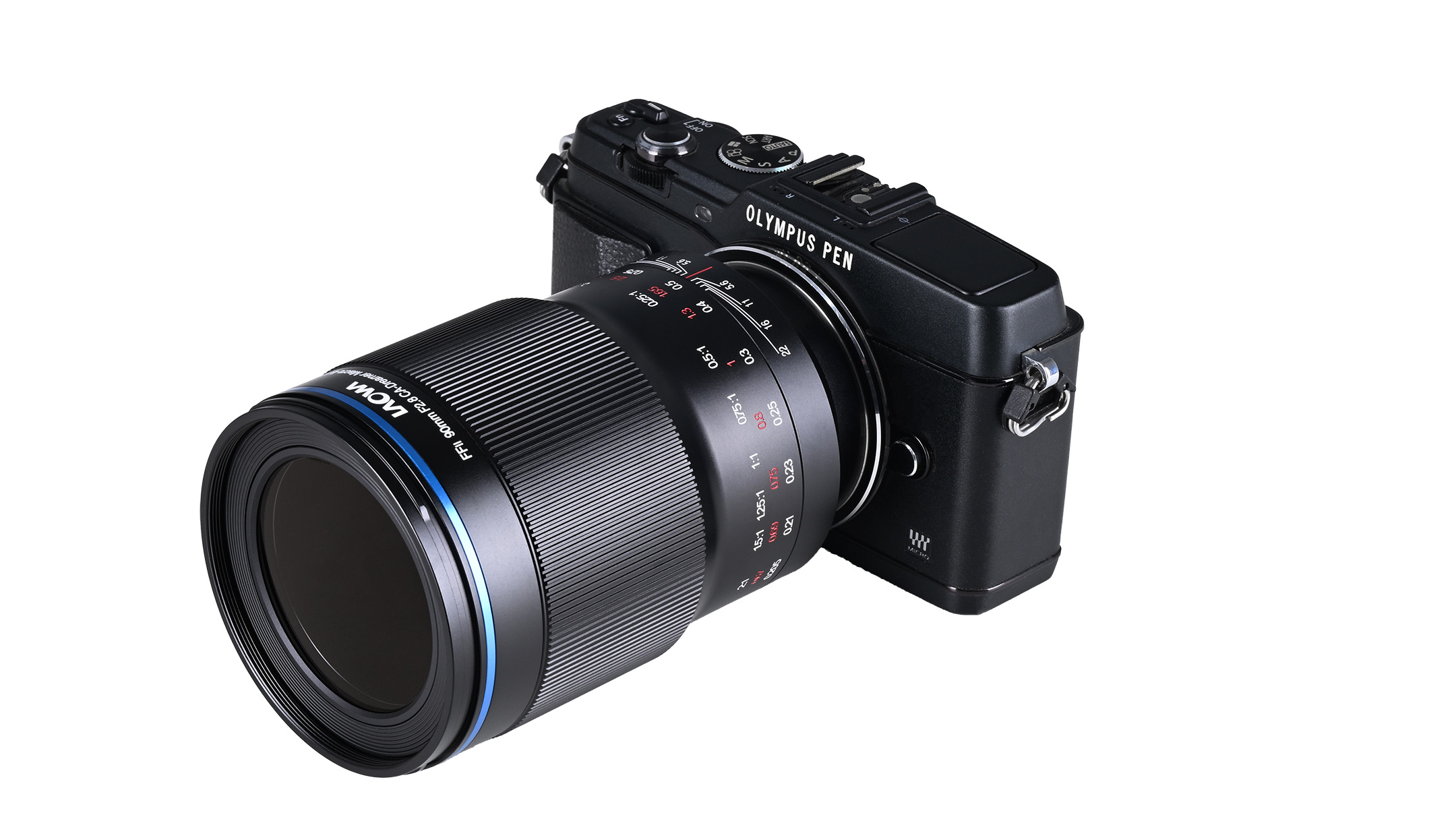 A black Laowa digital camera lens attached to an Olympus camera.