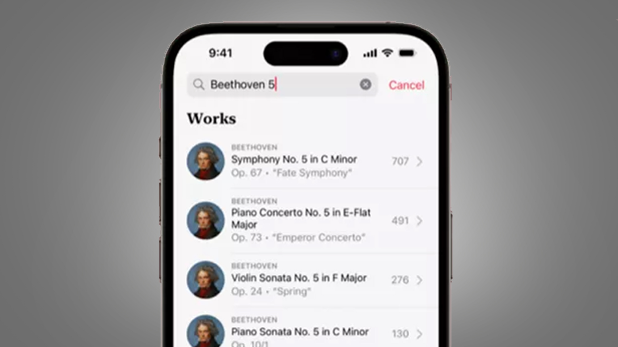 A phone on a grey background showing the Apple Music Classical app