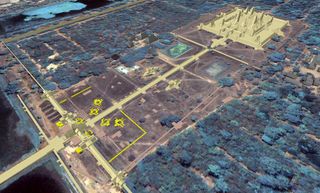 The remains of eight towers (marked in yellow) were discovered near the western gateway of Angkor Wat.