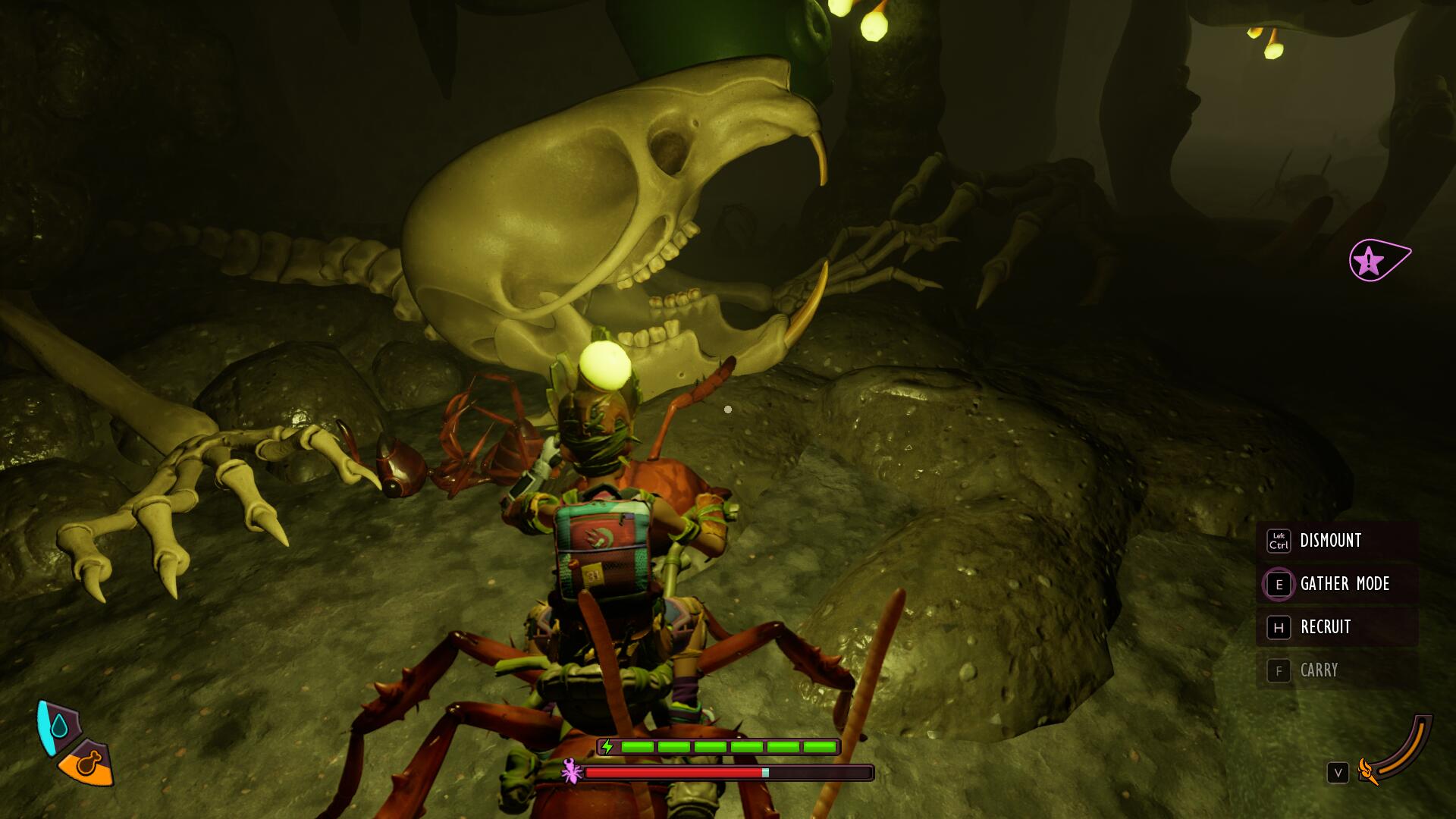 Looking at a skeleton in Grounded 2 while riding an ant